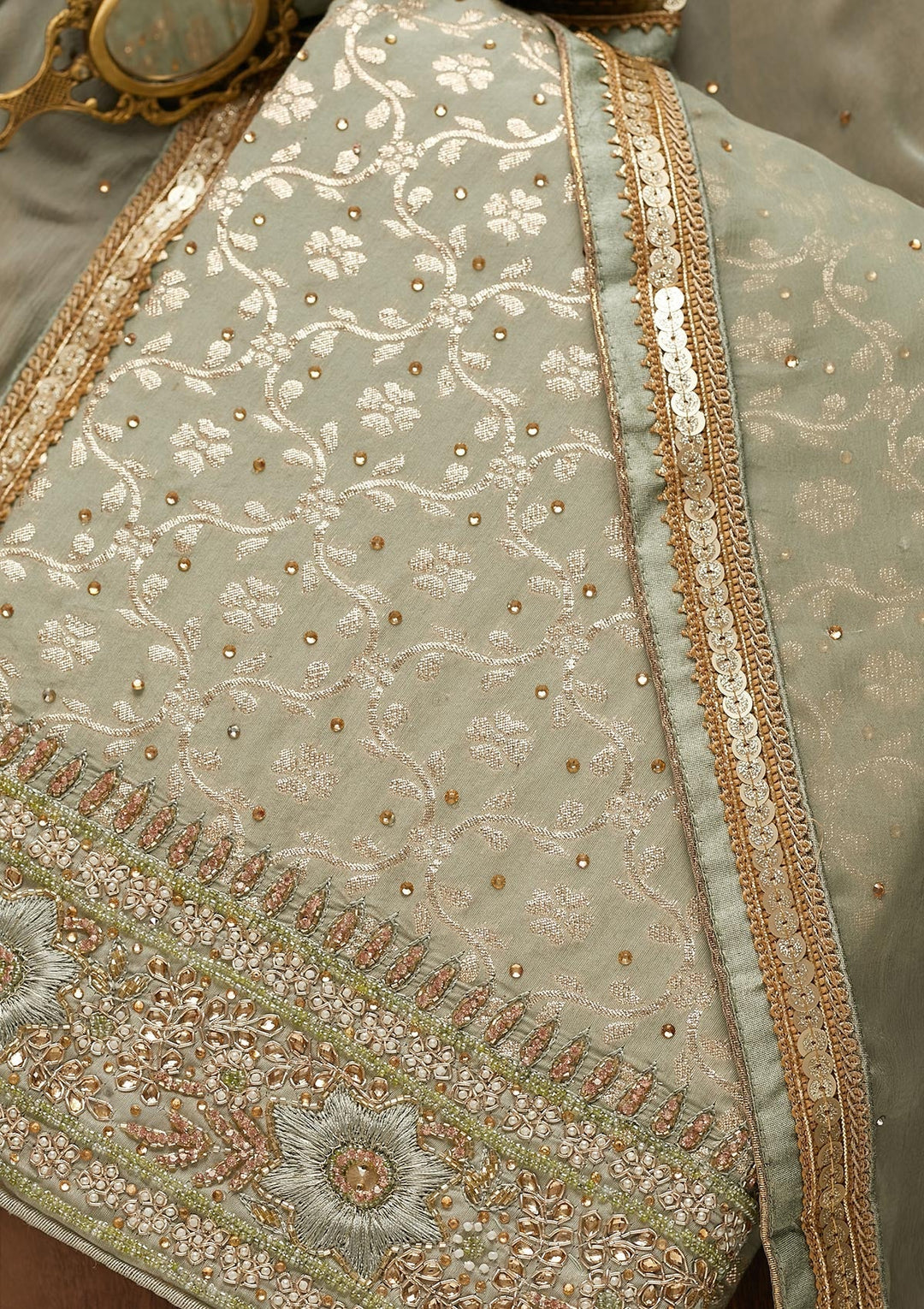 Pista Green Zariwork Raw Silk Unstitched Salwar Suit-Koskii