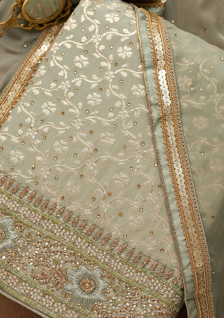 Pista Green Zariwork Raw Silk Unstitched Salwar Suit-Koskii