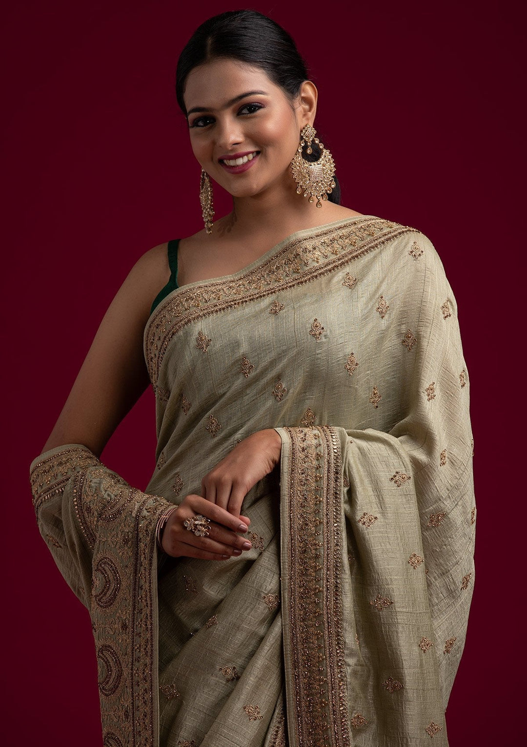 Pista Green Zariwork Raw Silk Designer Saree - koskii