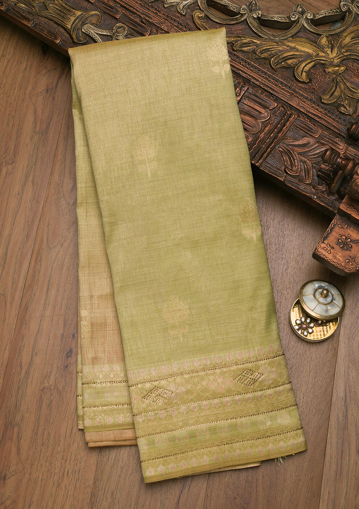 Pista Green Zariwork Raw Silk Saree-Koskii