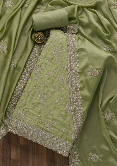 Pista Green Zariwork Satin Unstitched Salwar Suit-Koskii
