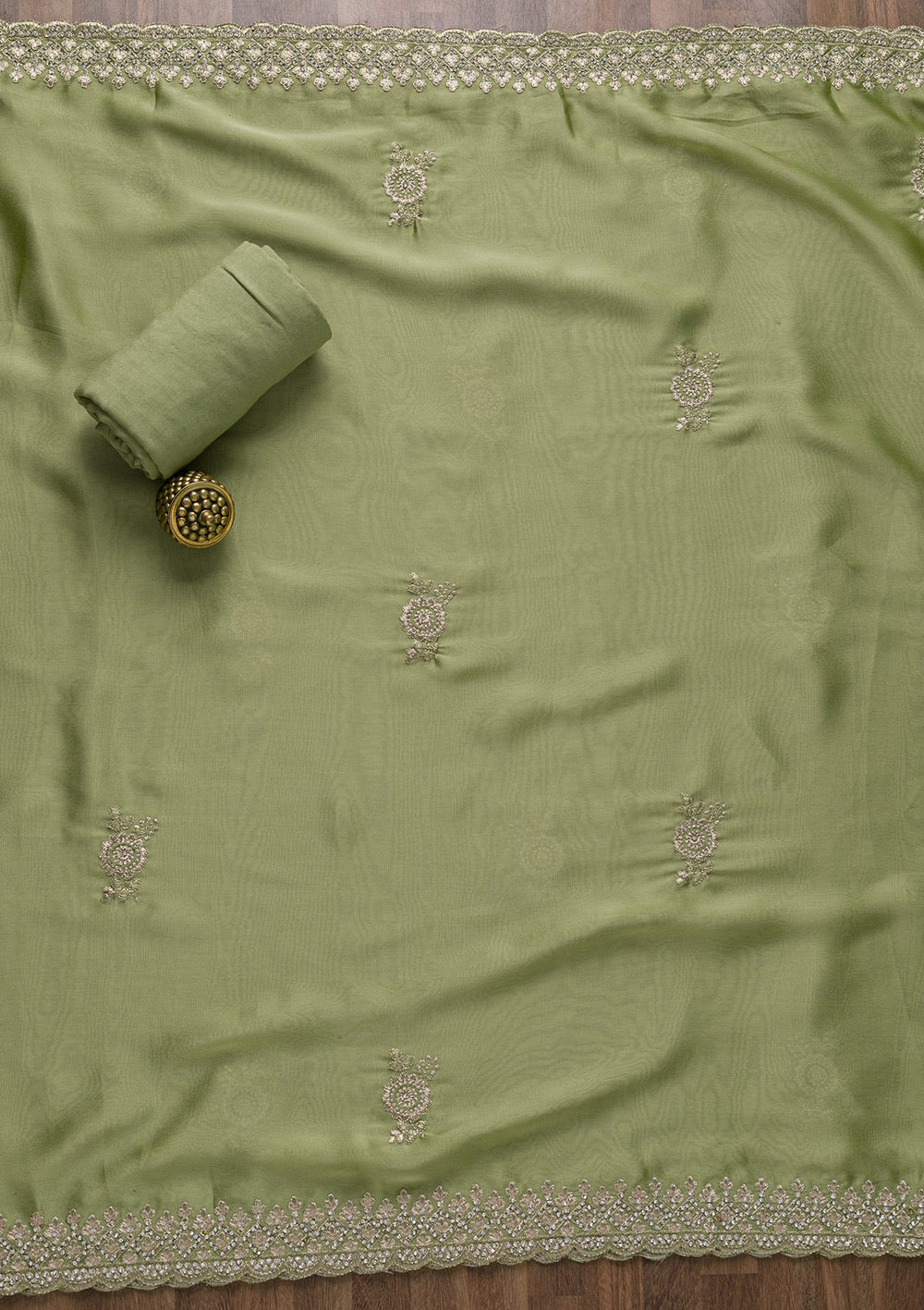 Pista Green Zariwork Satin Unstitched Salwar Suit-Koskii