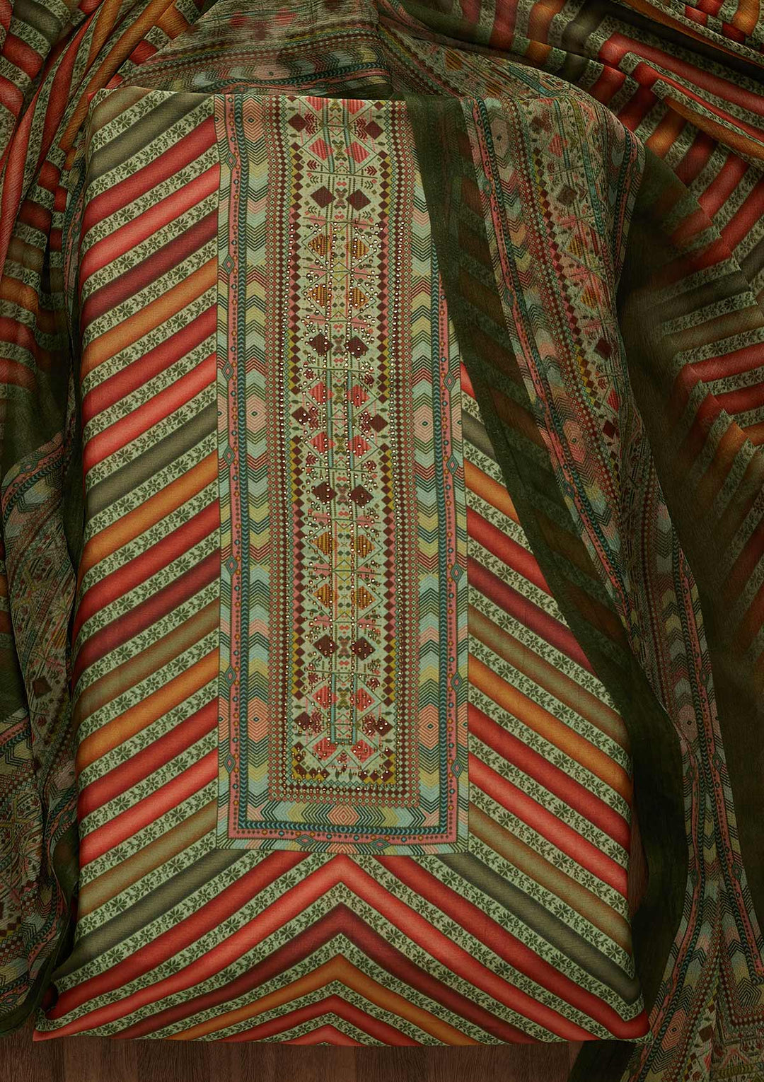 Pista Green Zariwork Semi Crepe Unstitched Salwar Suit-Koskii