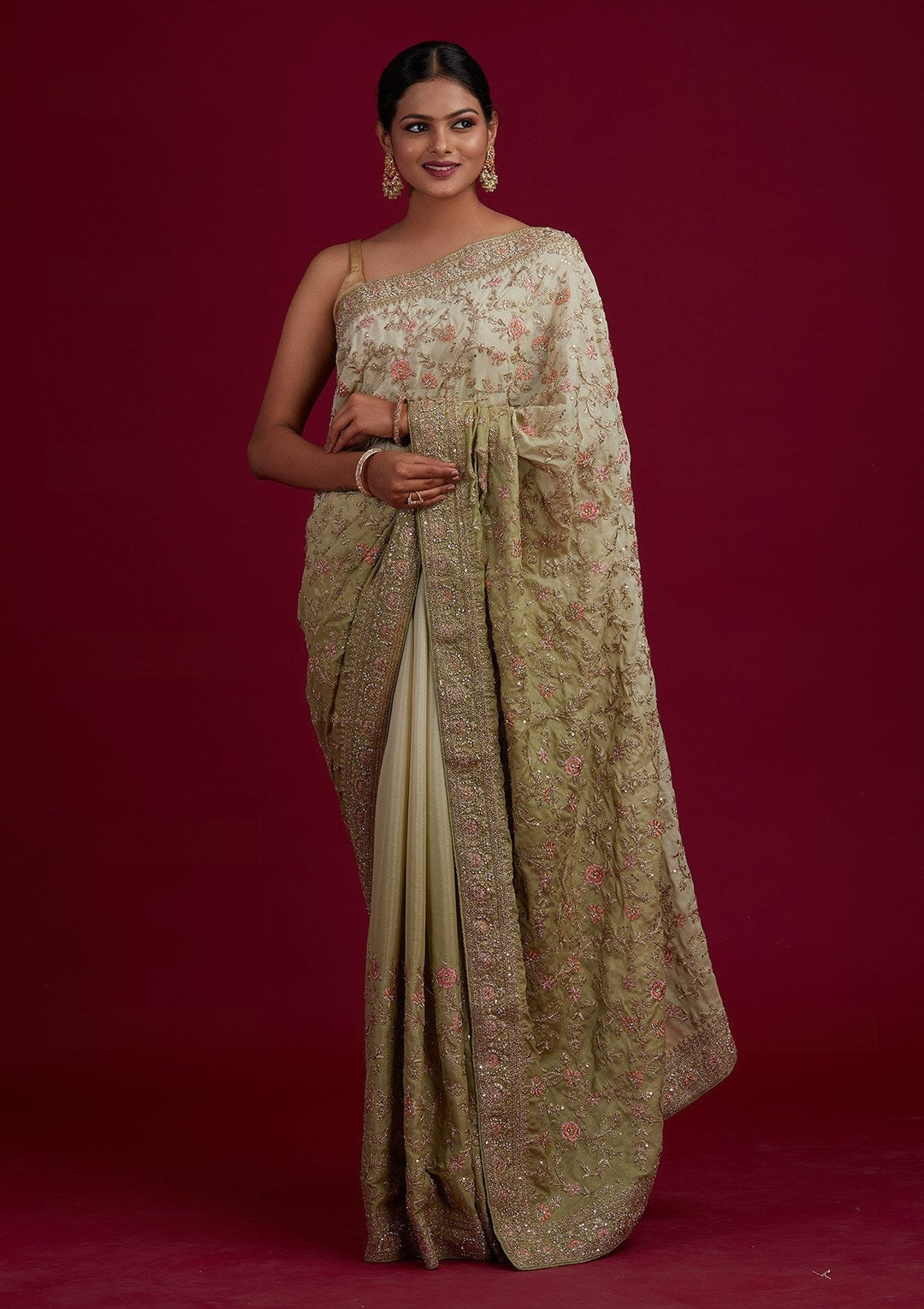 Pista Green Zariwork Semi Crepe Designer Saree - Koskii