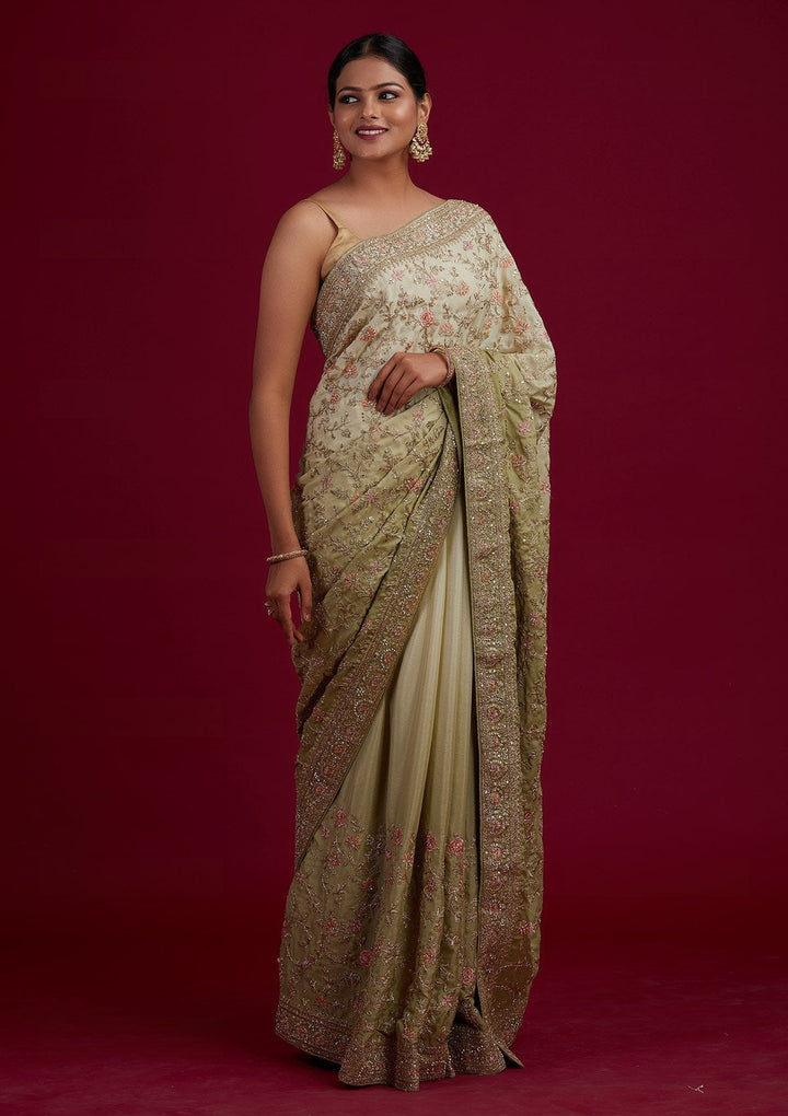 Pista Green Zariwork Semi Crepe Designer Saree - Koskii