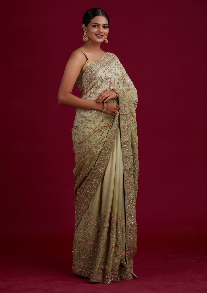 Pista Green Zariwork Semi Crepe Designer Saree - Koskii