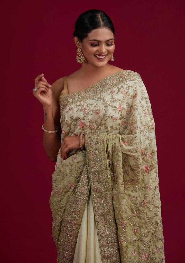 Pista Green Zariwork Semi Crepe Designer Saree - Koskii
