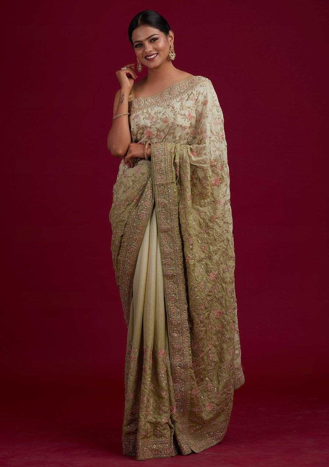 Pista Green Zariwork Semi Crepe Designer Saree - Koskii