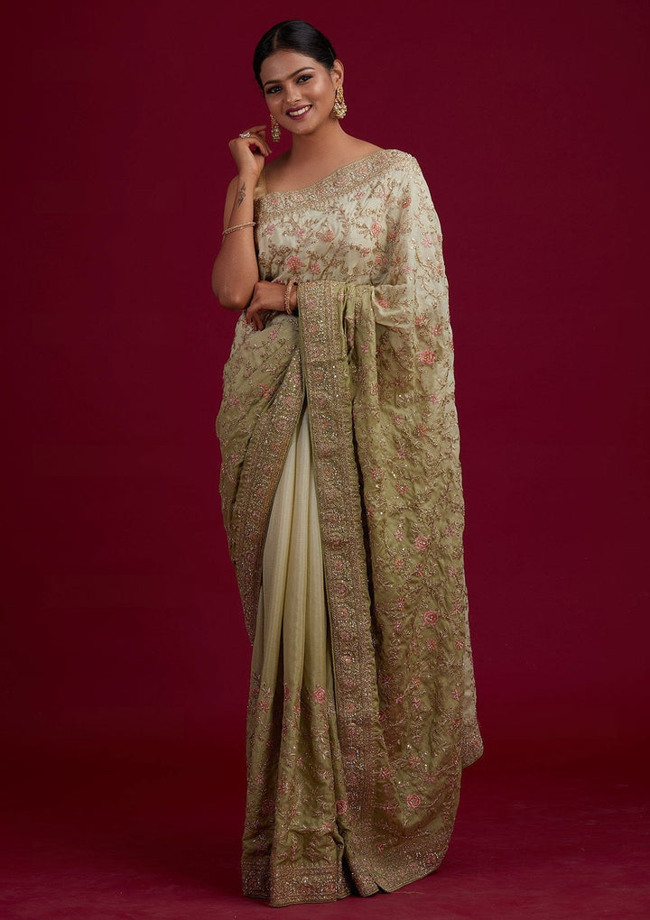 Pista Green Zariwork Semi Crepe Designer Saree - Koskii