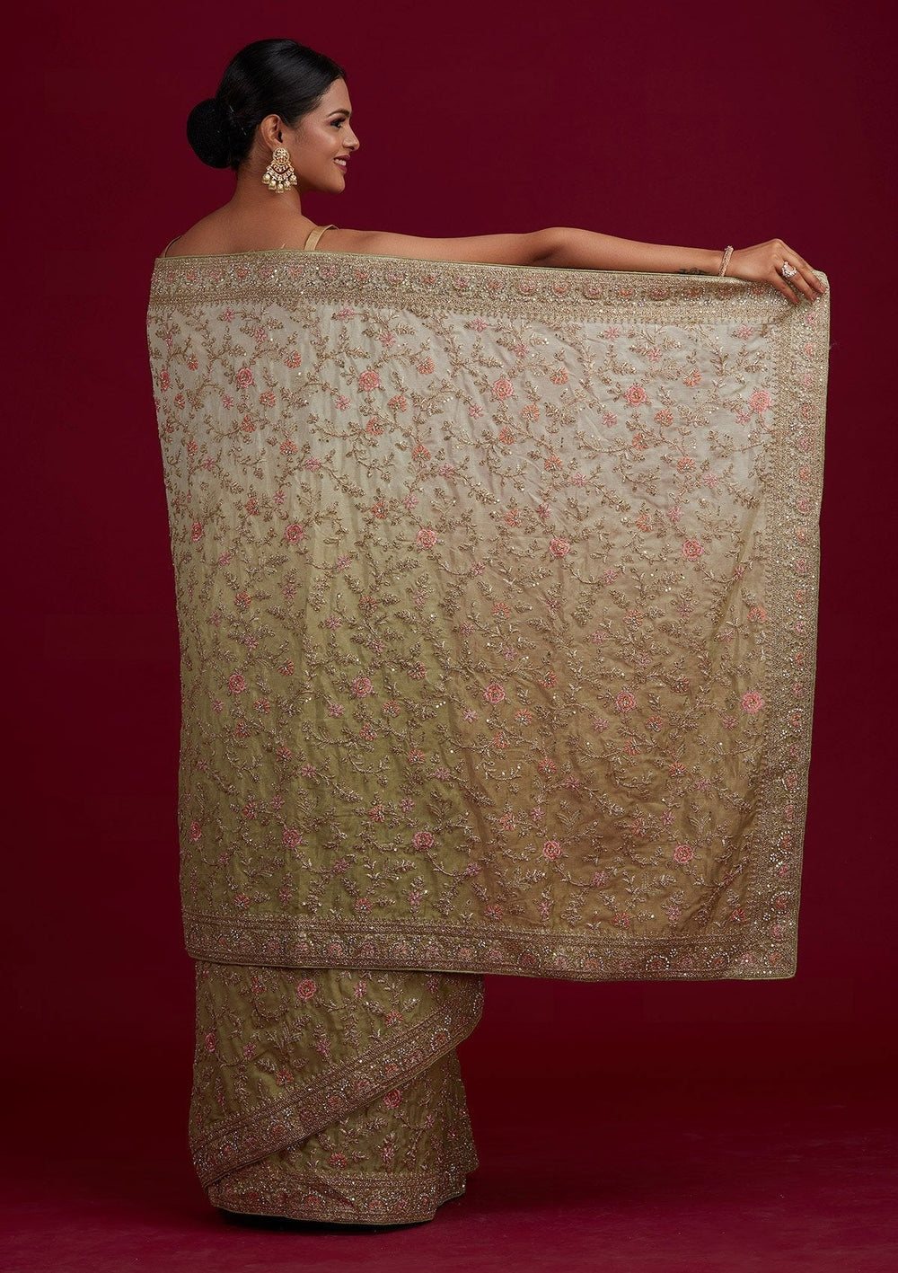 Pista Green Zariwork Semi Crepe Designer Saree - Koskii