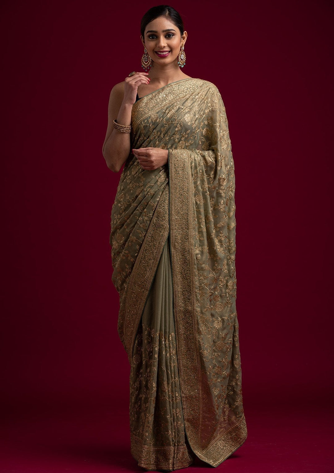 Pista Green Zariwork Shimmer Designer Saree - koskii