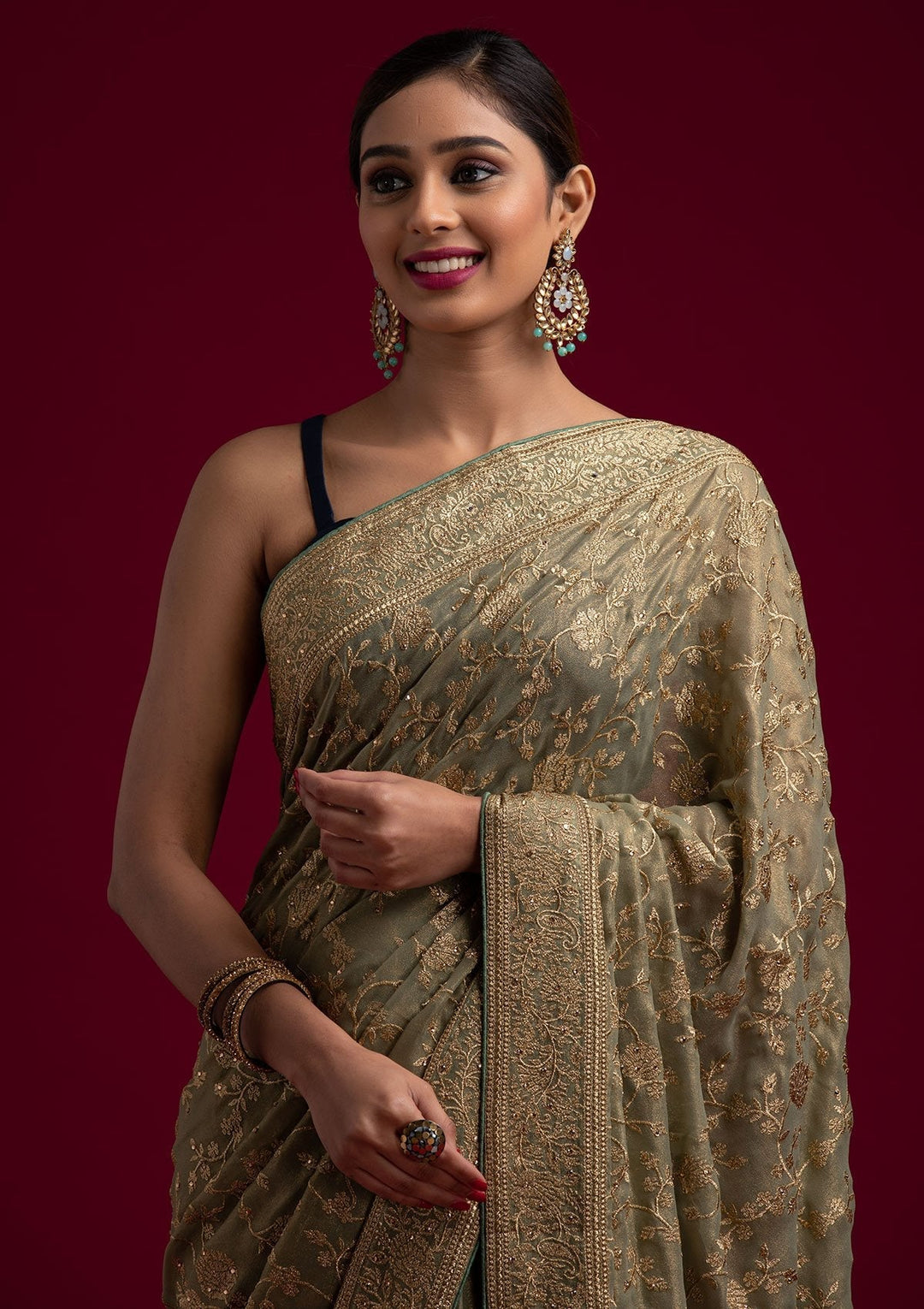 Pista Green Zariwork Shimmer Designer Saree - koskii