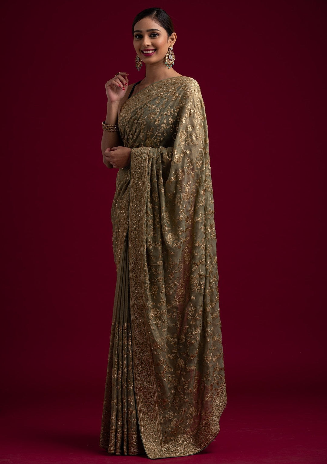 Pista Green Zariwork Shimmer Designer Saree - koskii