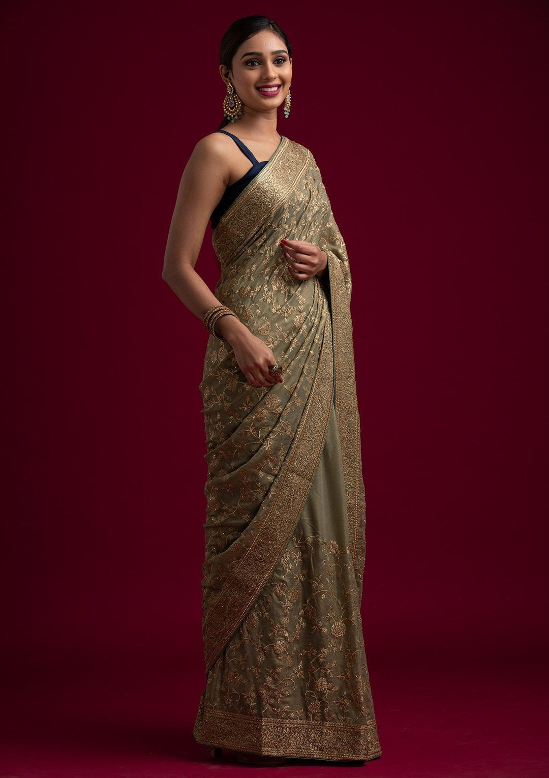 Pista Green Zariwork Shimmer Designer Saree - koskii