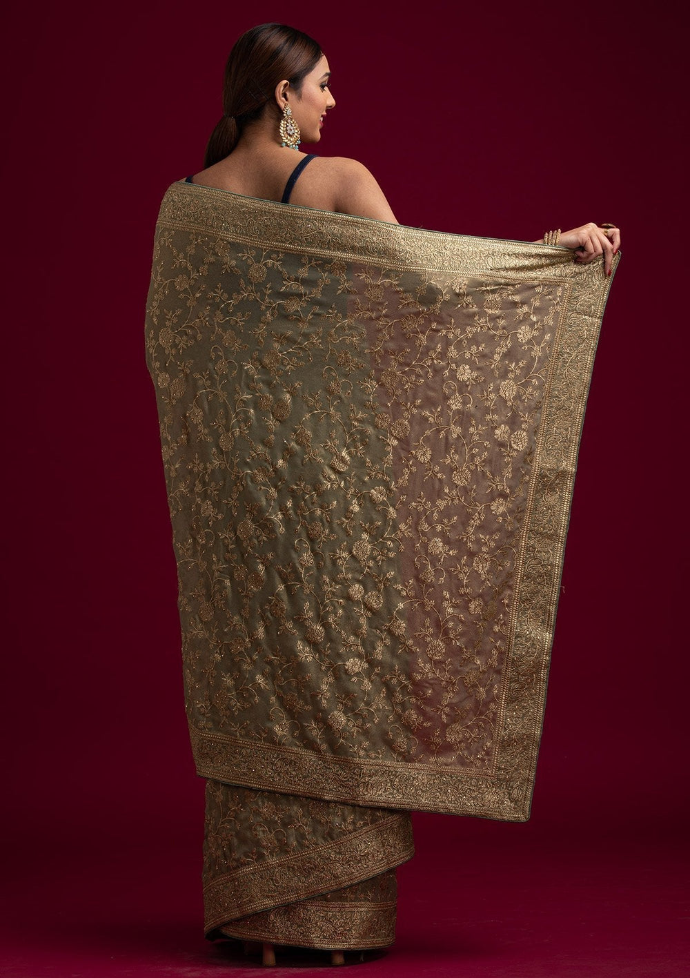 Pista Green Zariwork Shimmer Designer Saree - koskii