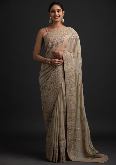 Pista Green Zariwork Shimmer Designer Saree - koskii