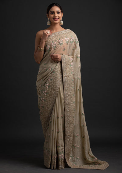 Pista Green Zariwork Shimmer Designer Saree - koskii