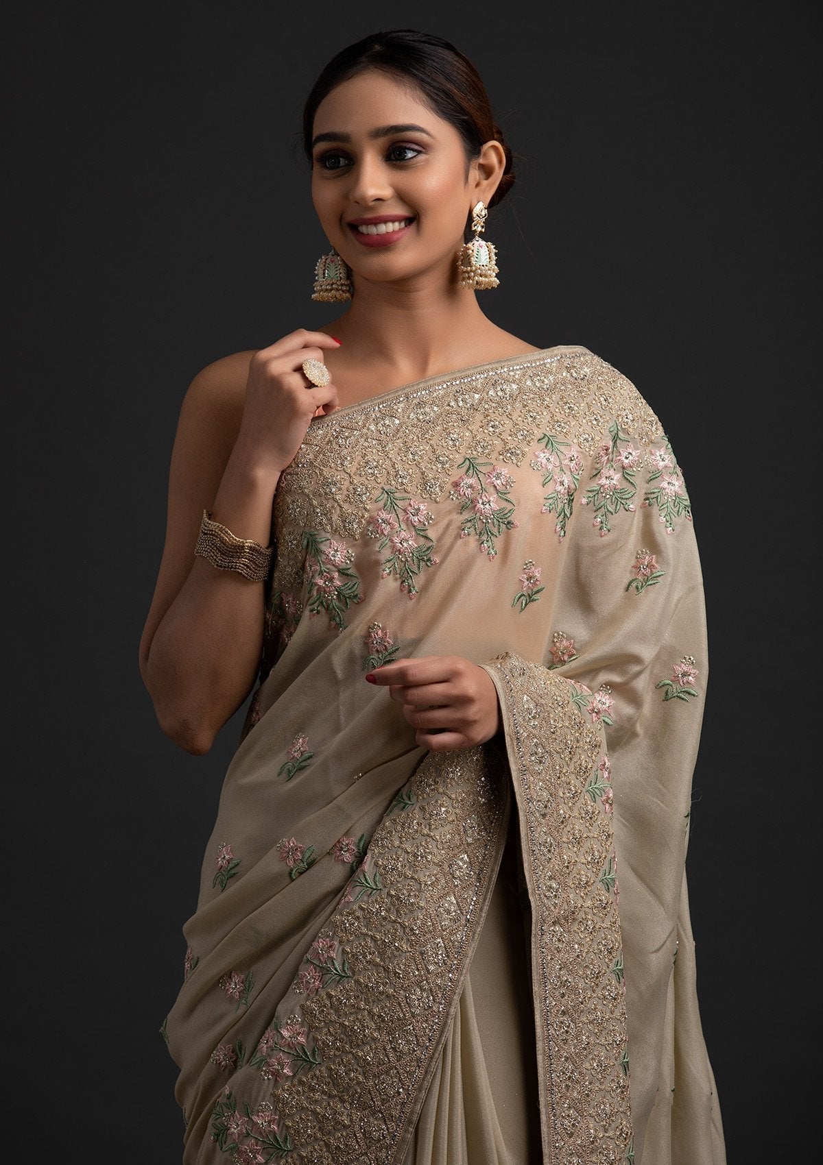 Pista Green Zariwork Shimmer Designer Saree - koskii