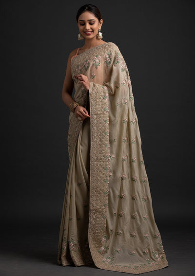 Pista Green Zariwork Shimmer Designer Saree - koskii