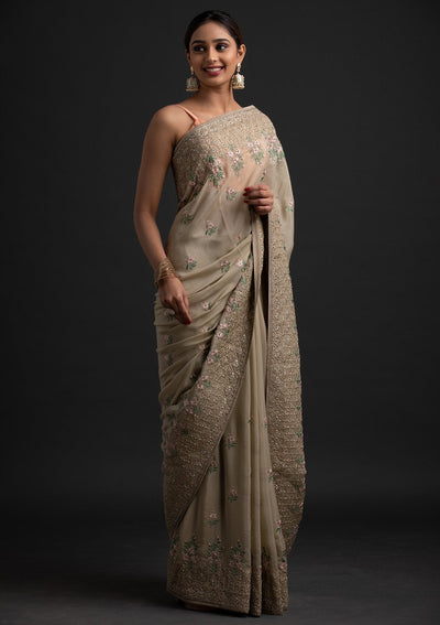 Pista Green Zariwork Shimmer Designer Saree - koskii