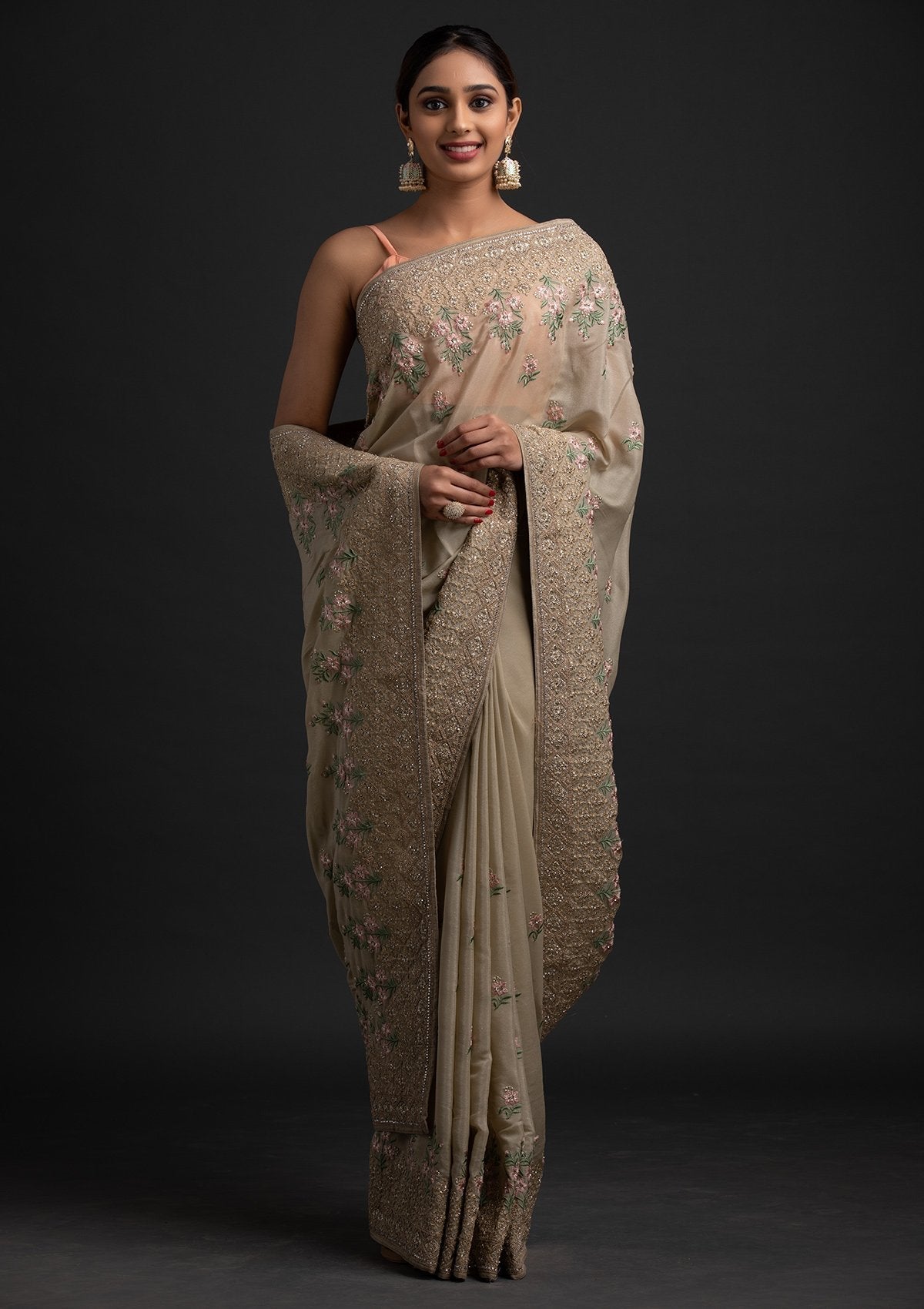 Pista Green Zariwork Shimmer Designer Saree - koskii