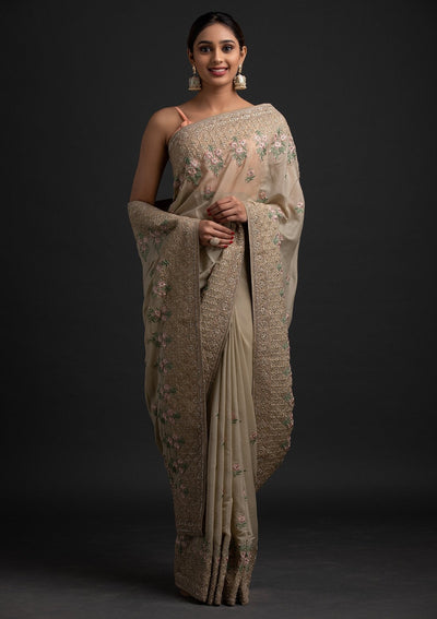 Pista Green Zariwork Shimmer Designer Saree - koskii