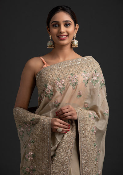 Pista Green Zariwork Shimmer Designer Saree - koskii