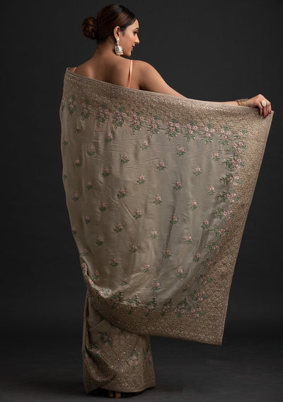 Pista Green Zariwork Shimmer Designer Saree - koskii
