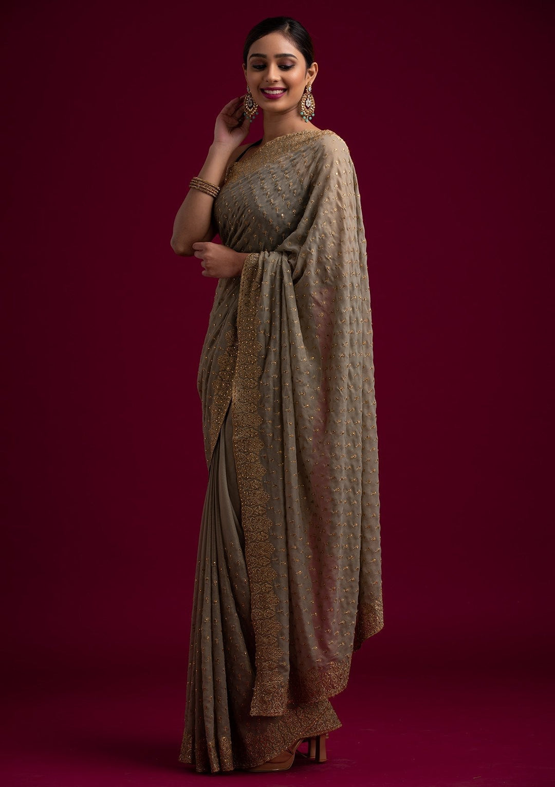 Light Brown Zariwork Shimmer Designer Saree - koskii