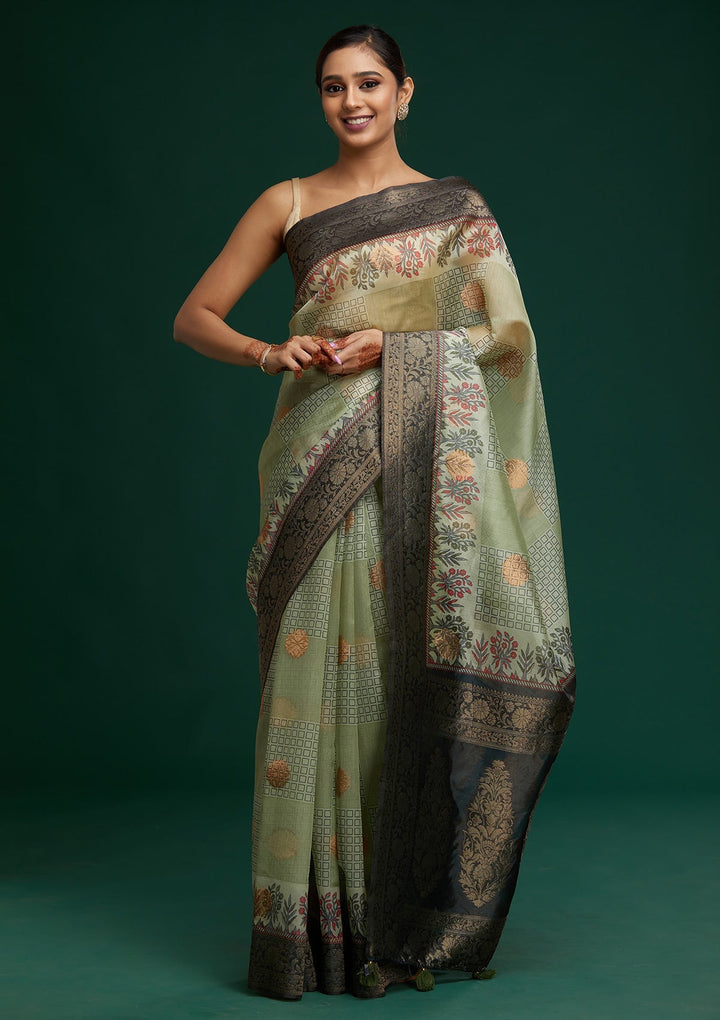 Pista Green Zariwork Taffeta Silk Saree- Koskii