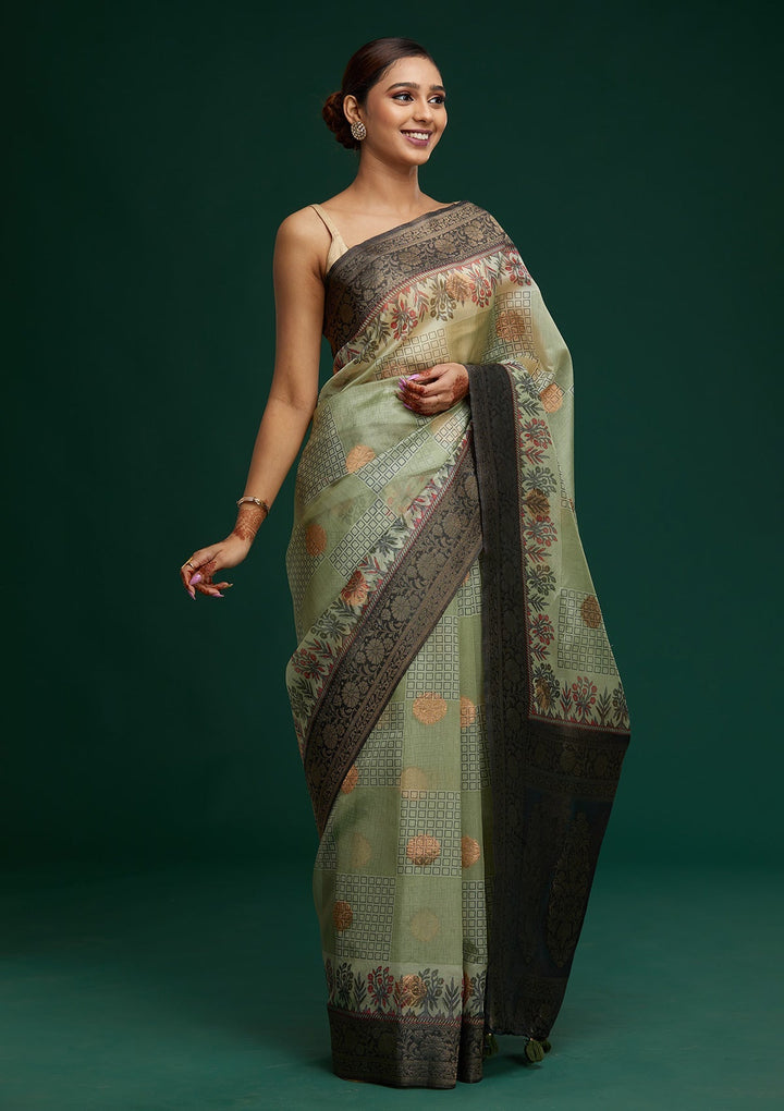 Pista Green Zariwork Taffeta Silk Saree - Koskii