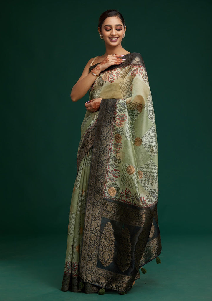 Pista Green Zariwork Taffeta Silk Saree - Koskii