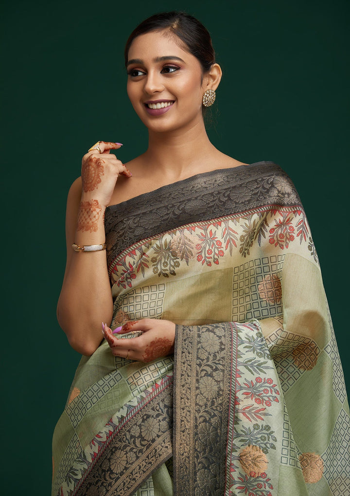 Pista Green Zariwork Taffeta Silk Saree - Koskii