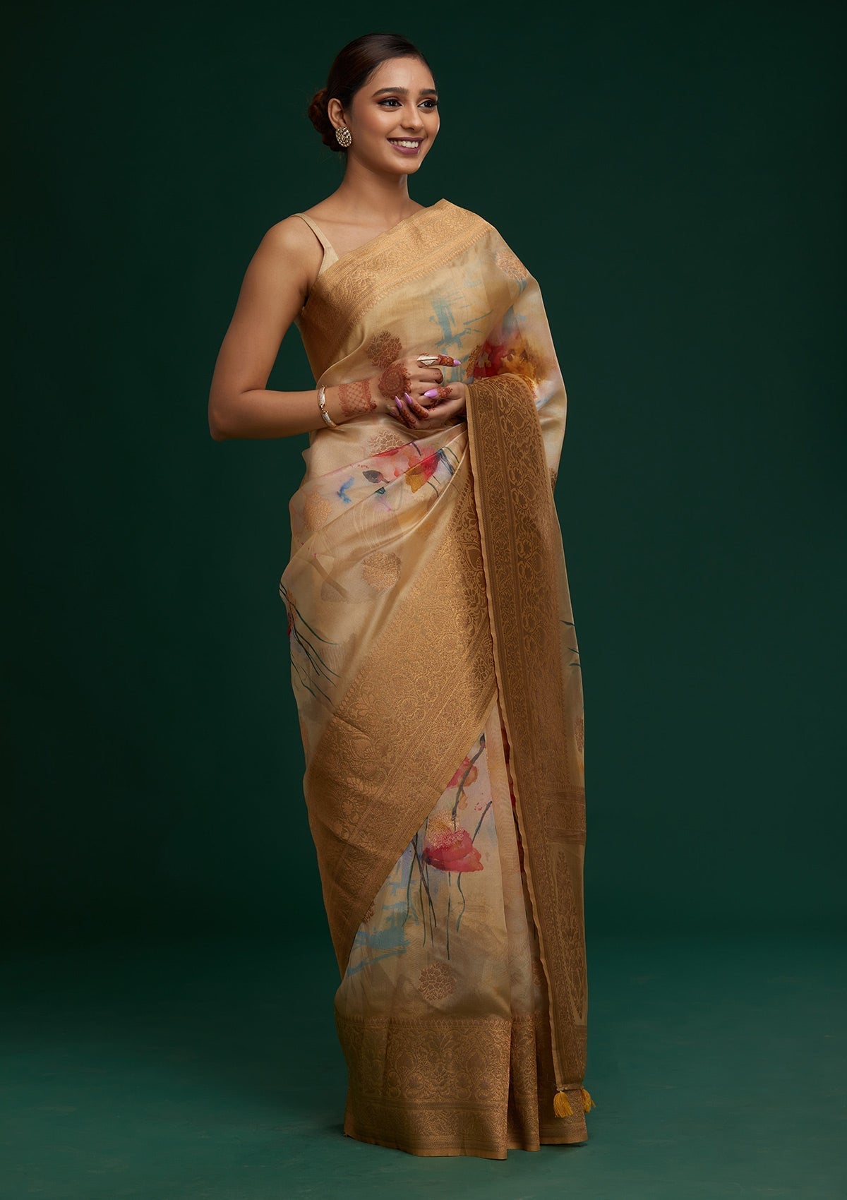 Pista Green Zariwork Taffeta Silk Saree- Koskii