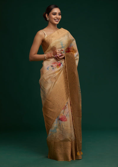 Pista Green Zariwork Taffeta Silk Saree- Koskii