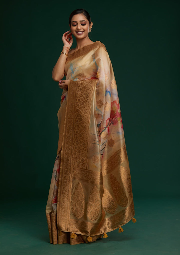 Pista Green Zariwork Taffeta Silk Saree - Koskii