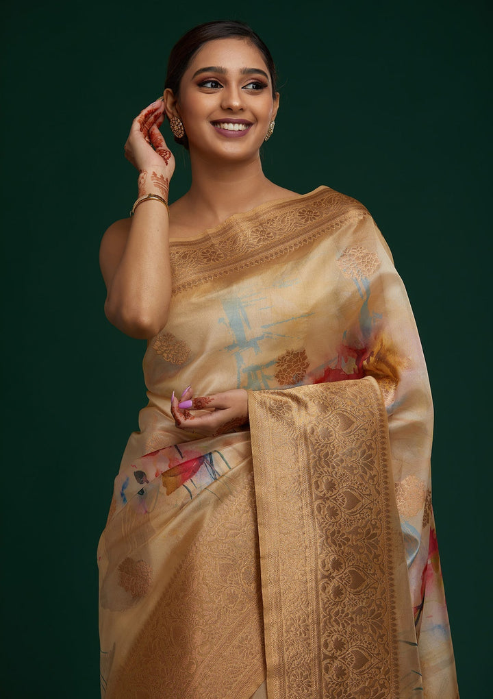 Pista Green Zariwork Taffeta Silk Saree - Koskii