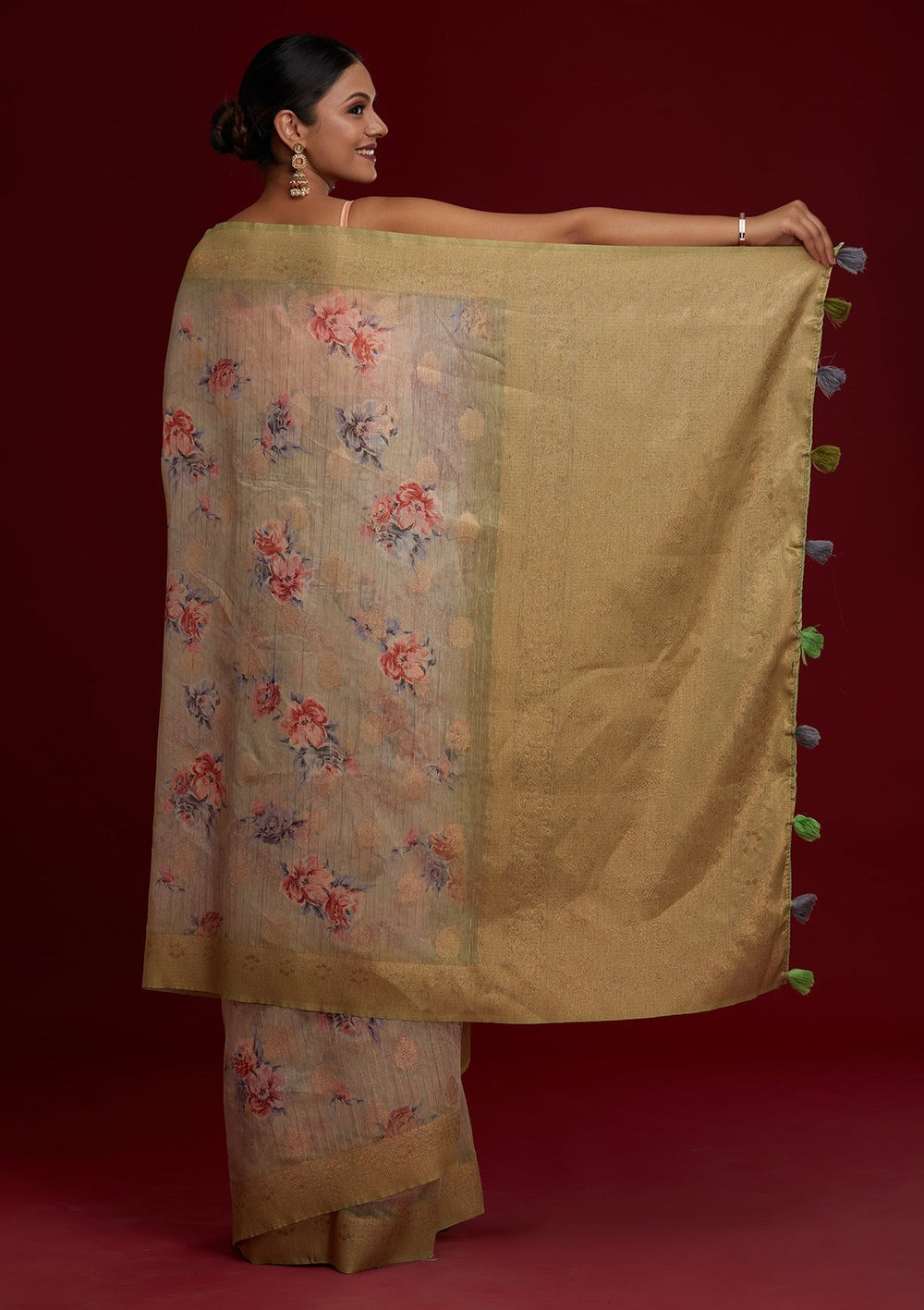 Pista Green Zariwork Taffeta Silk Saree - Koskii
