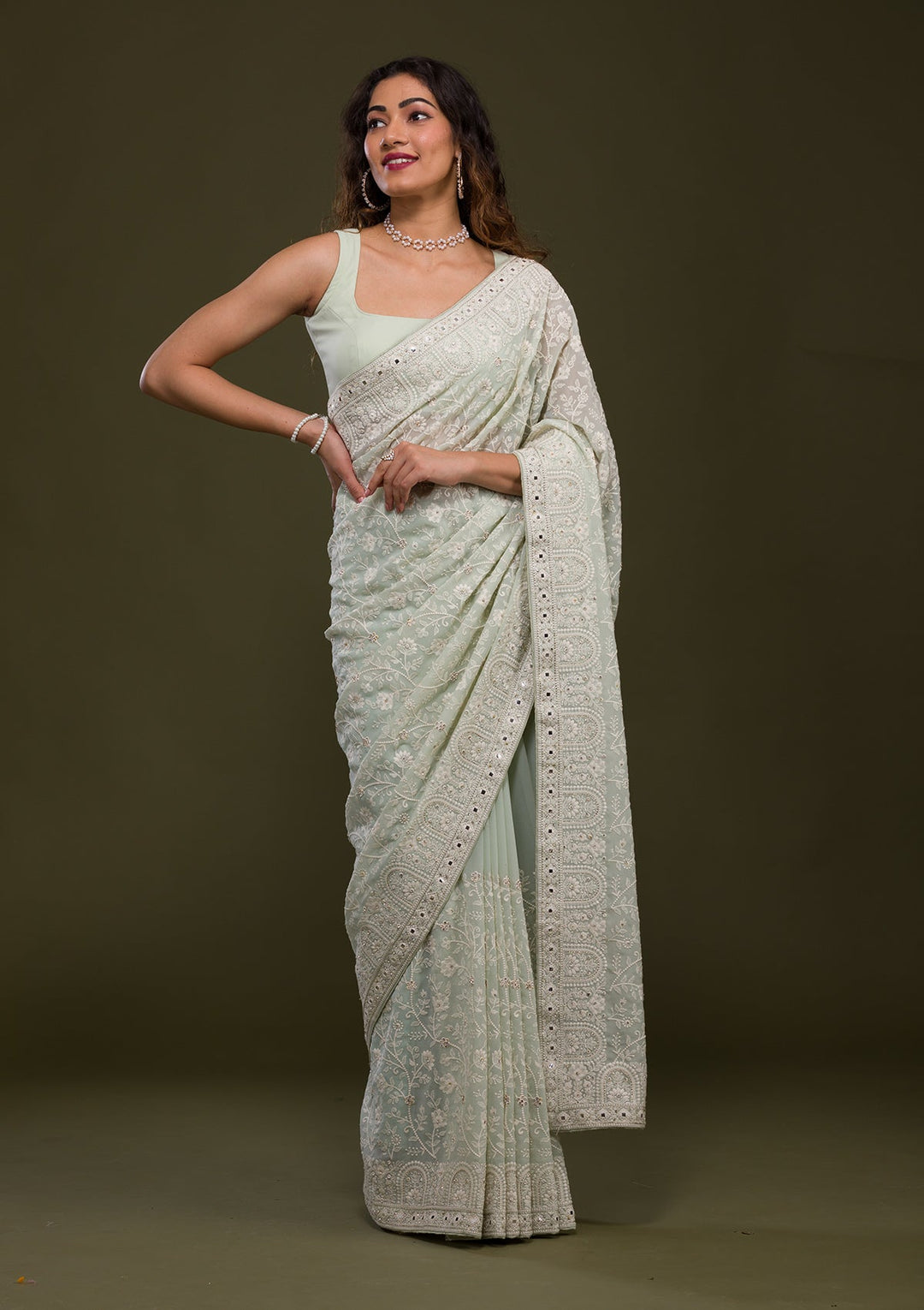 Pista Green Chikankari Georgette Saree-Koskii