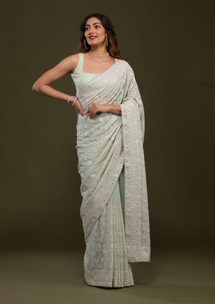 Pista Green Chikankari Georgette Saree-Koskii