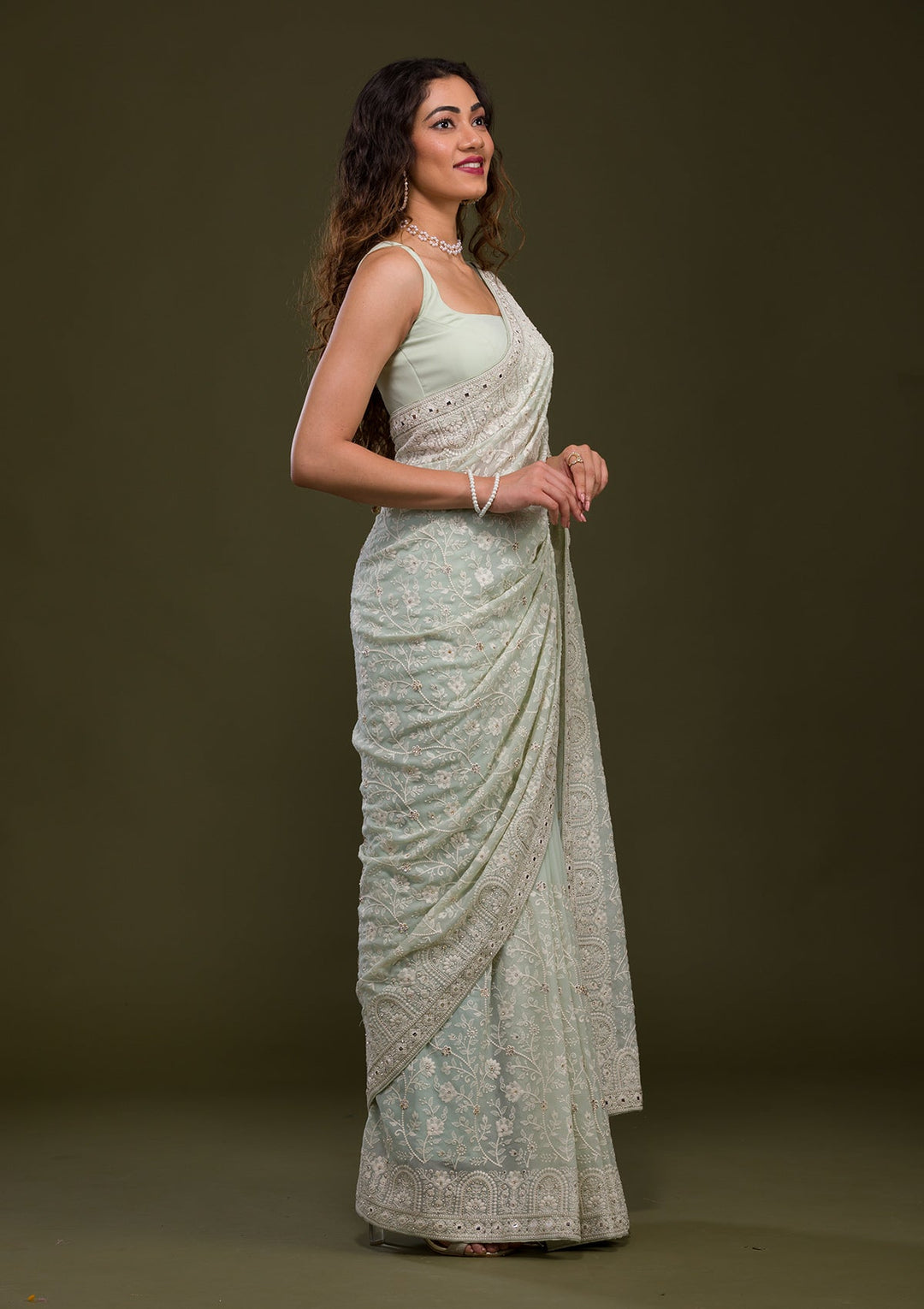 Pista Green Chikankari Georgette Saree-Koskii