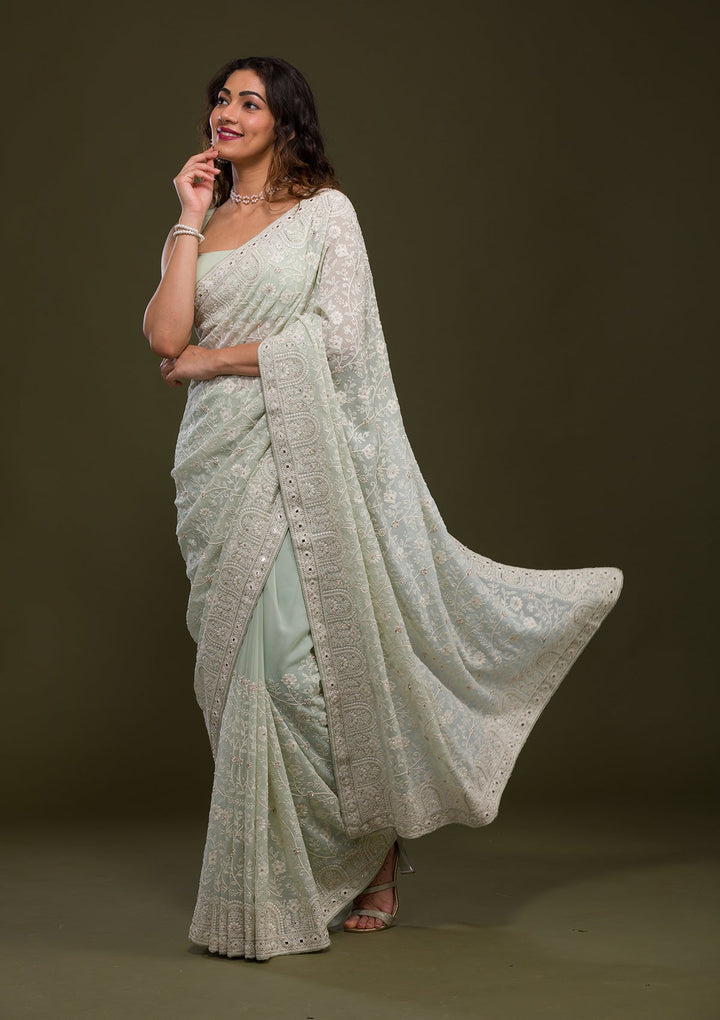 Pista Green Chikankari Georgette Saree-Koskii