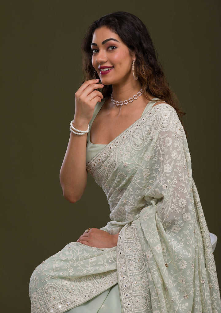 Pista Green Chikankari Georgette Saree-Koskii
