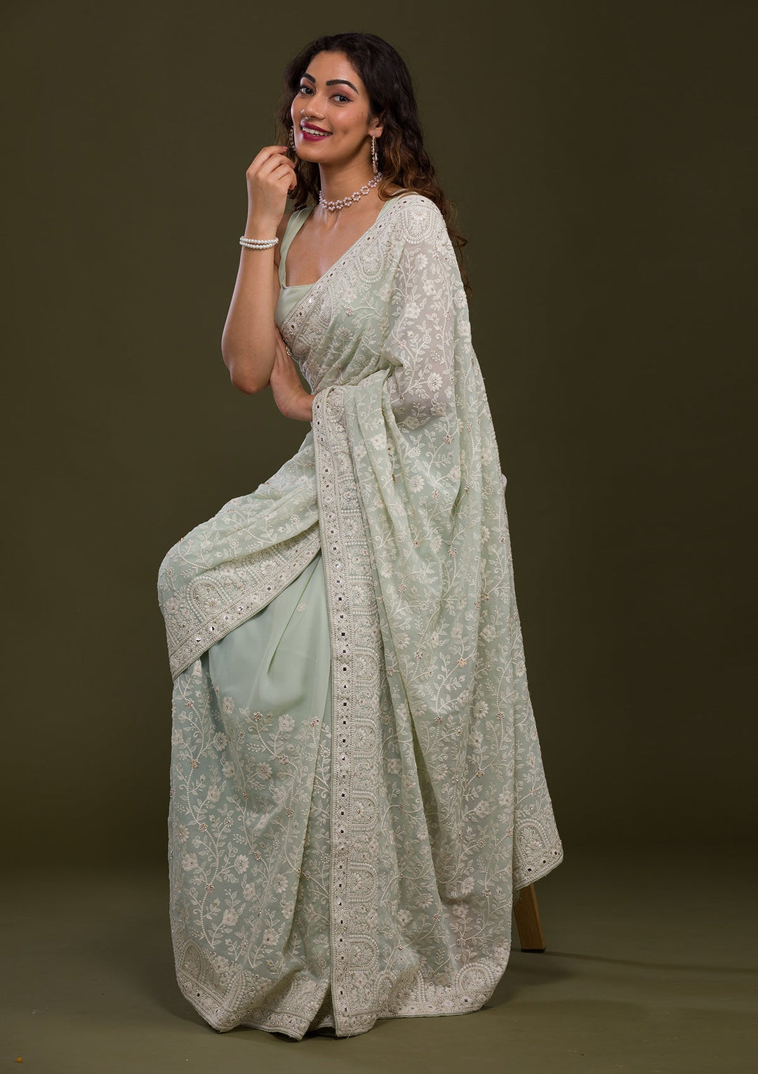 Pista Green Chikankari Georgette Saree-Koskii