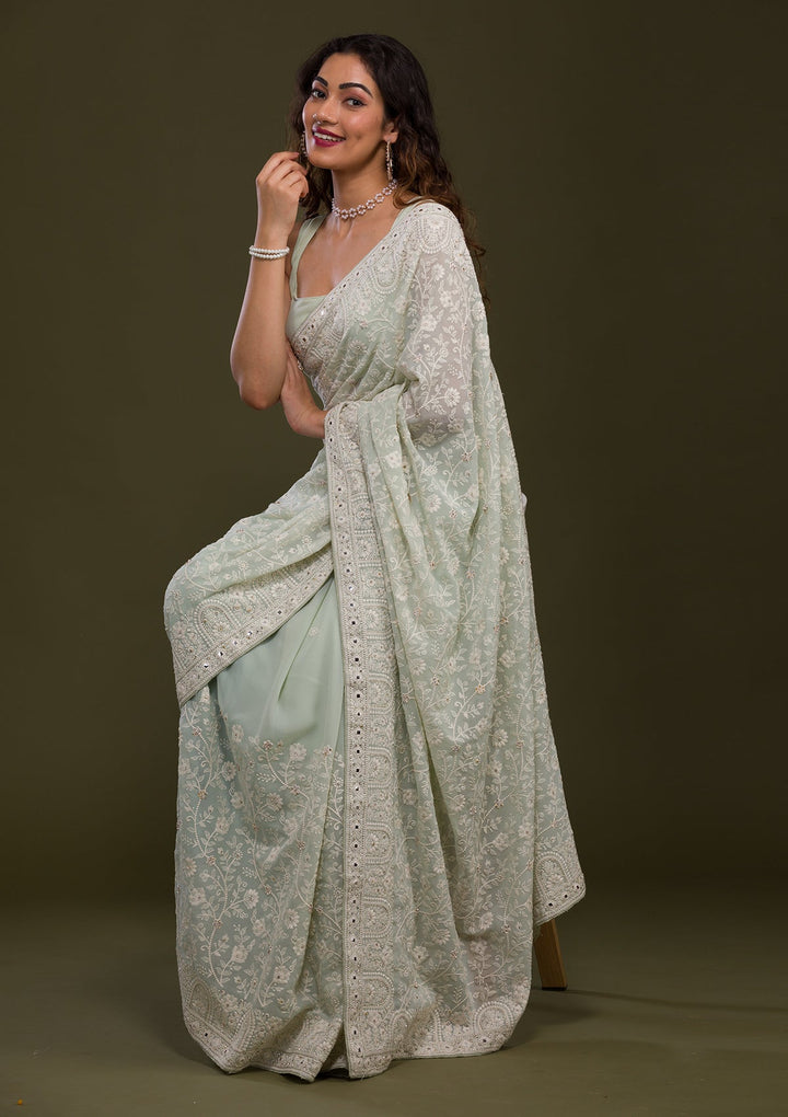 Pista Green Chikankari Georgette Saree-Koskii