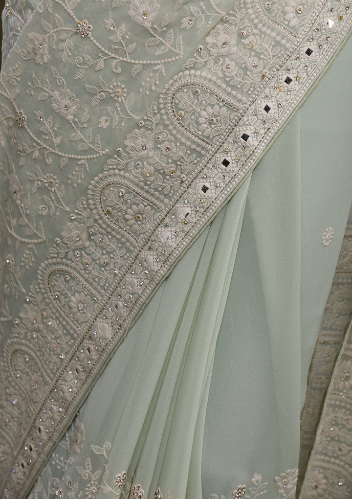 Pista Green Chikankari Georgette Saree-Koskii