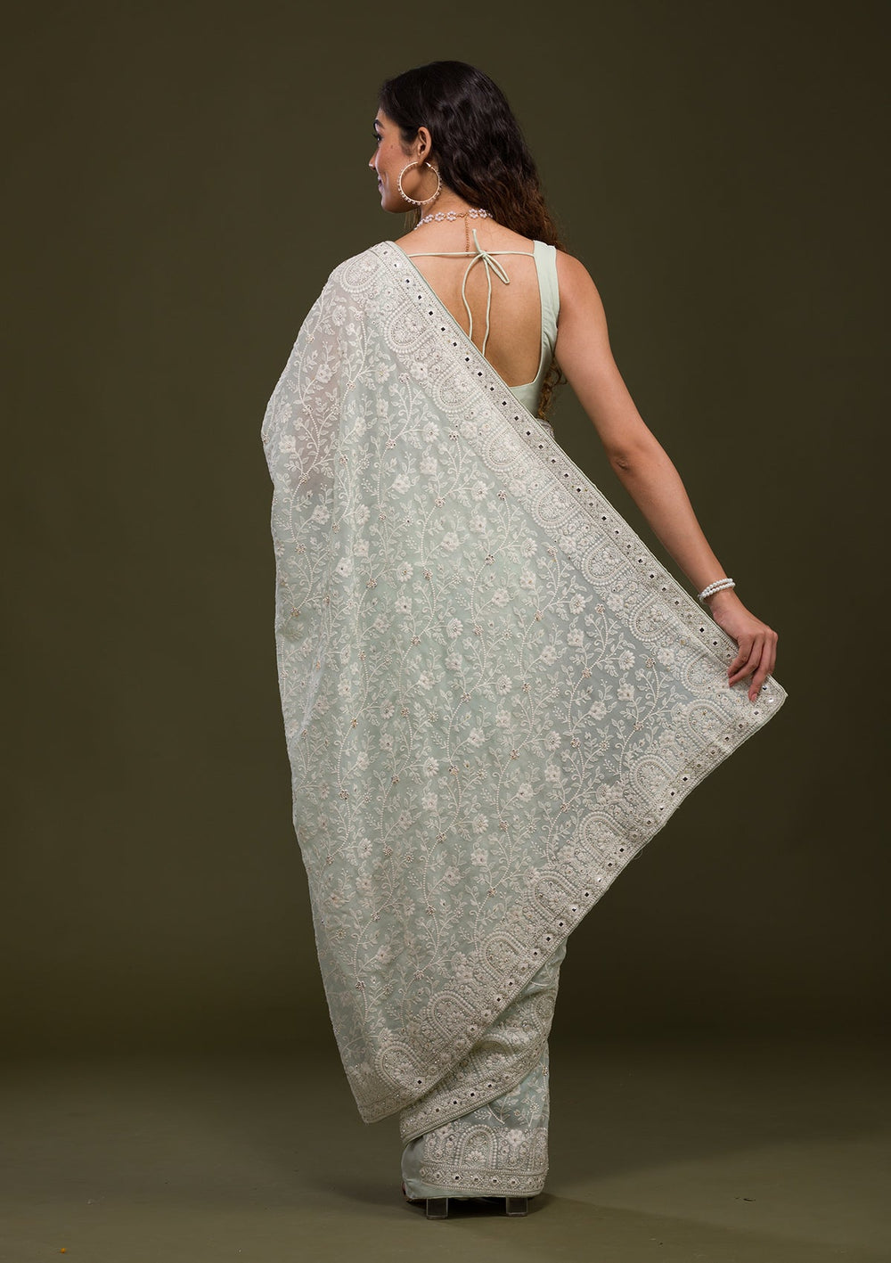 Pista Green Chikankari Georgette Saree-Koskii