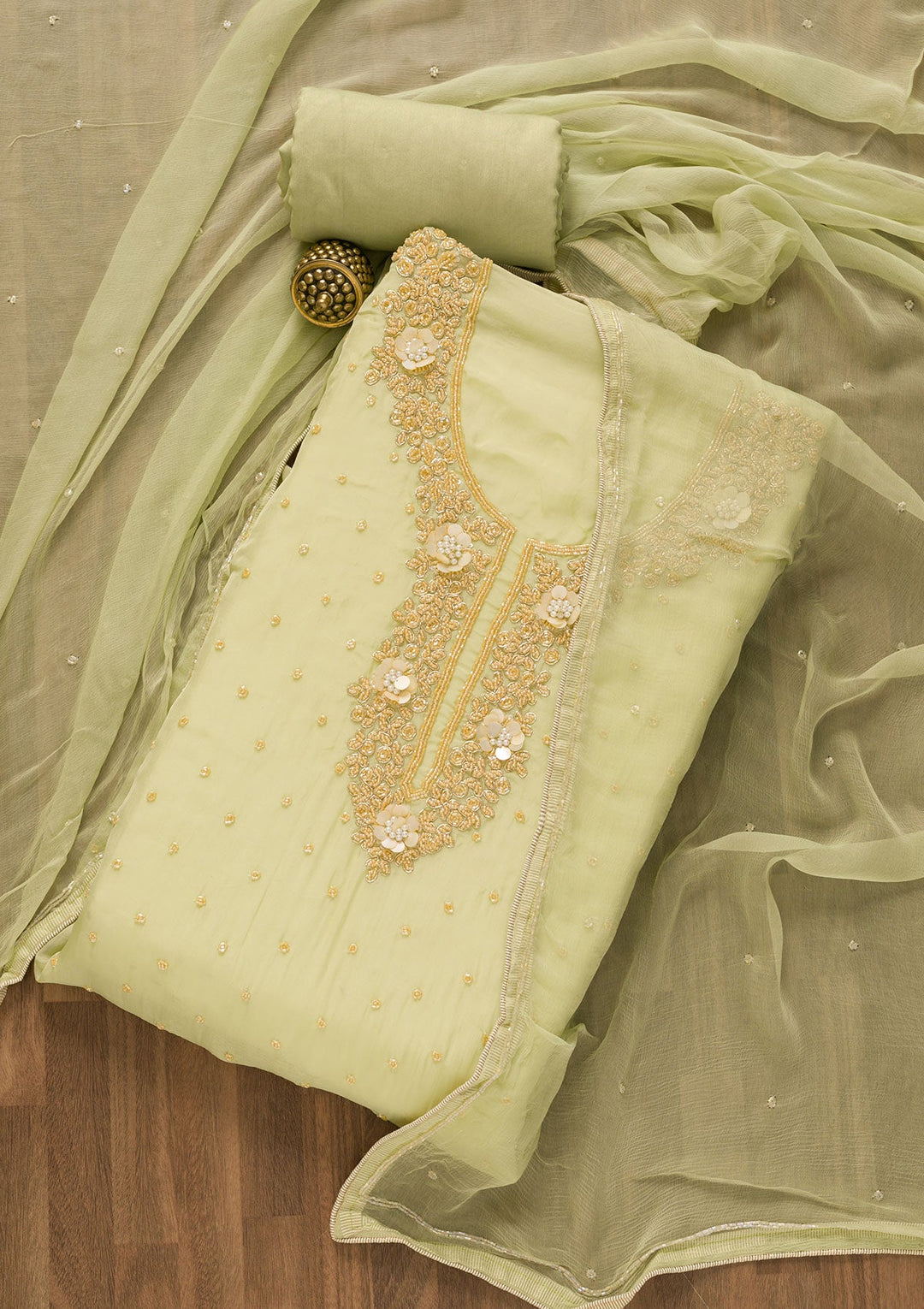 Pista Green Cutdana Organza Unstitched Salwar Kameez-Koskii