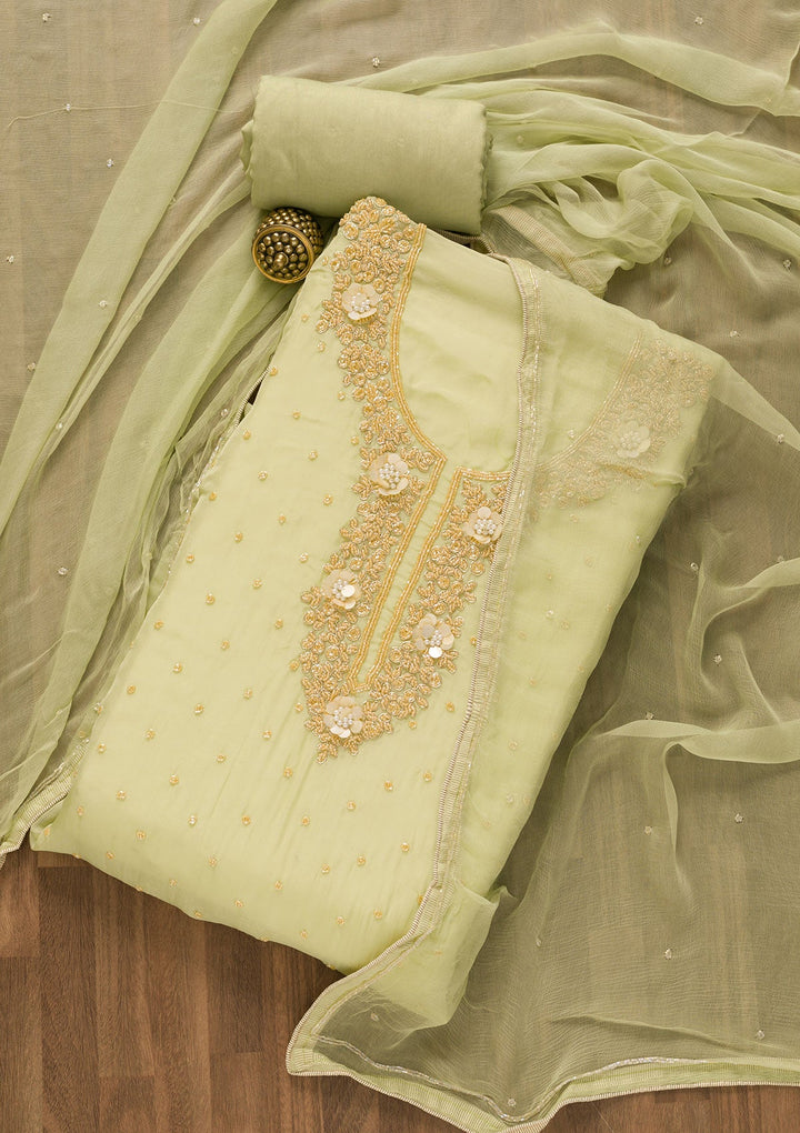 Pista Green Cutdana Organza Unstitched Salwar Kameez-Koskii