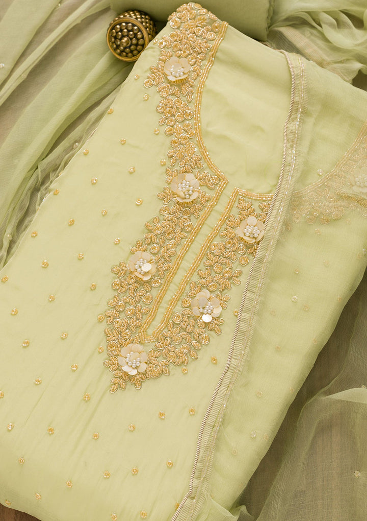Pista Green Cutdana Organza Unstitched Salwar Kameez-Koskii